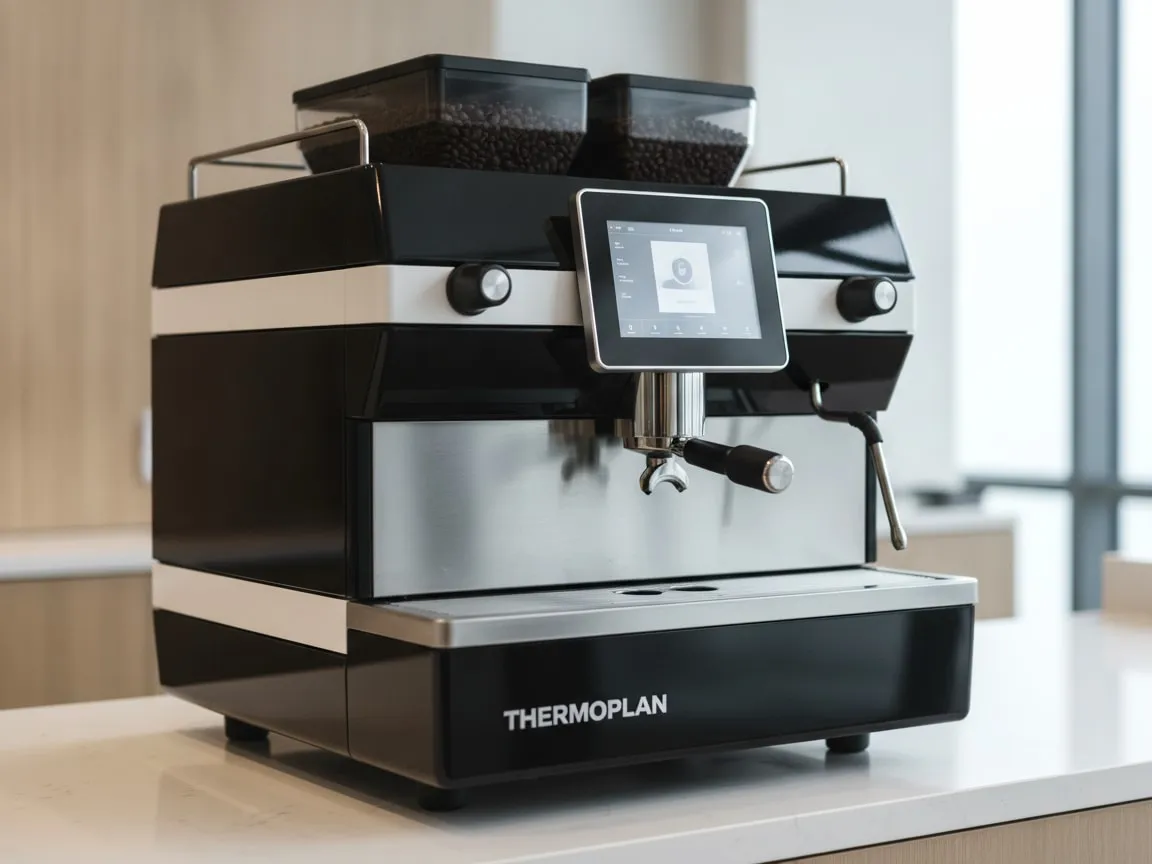 Thermoplan Black&White 4 alone on a office coffee station, three-quarter view from the right, soft side light