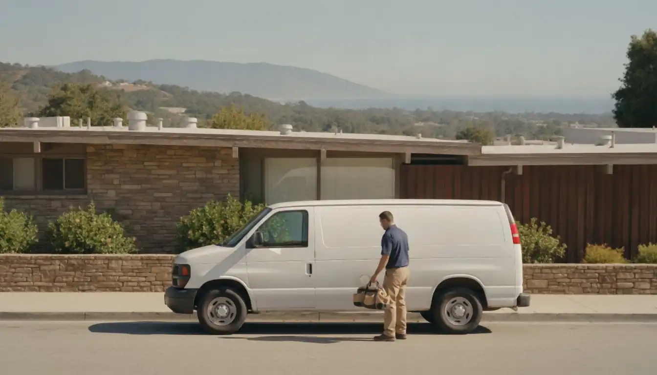 White service van parked on a small-town main street with awnings, oak hills behind in Ventura, technician lifting a tool bag from the side door