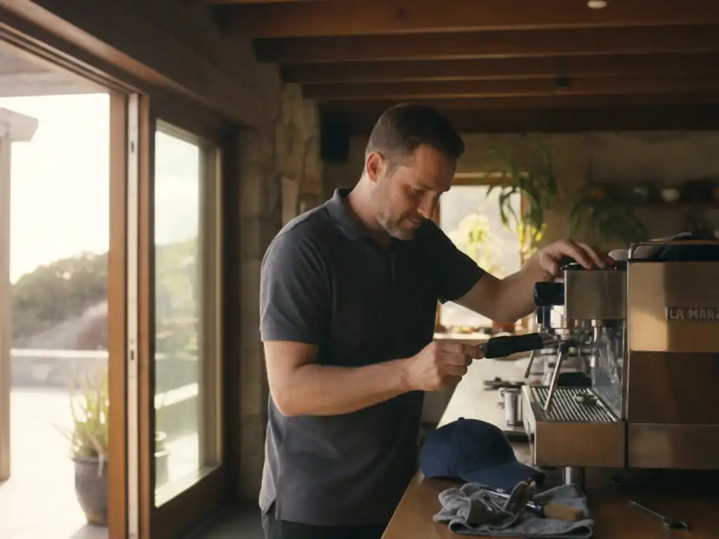 Technician working at an espresso machine in a indoor-outdoor coastal cafe in Ventura