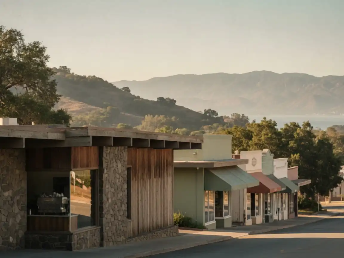 Ventura: small-town main street of stone-and-wood storefronts with awnings, oak hills and ocean haze behind, cafe window with an espresso machine