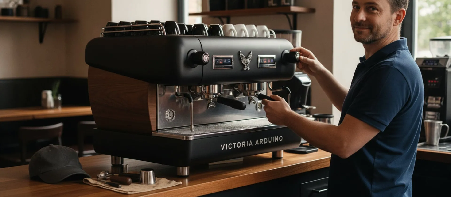 Victoria Arduino Black Eagle on a cafe bar, technician at the group; cap and tools on the counter
