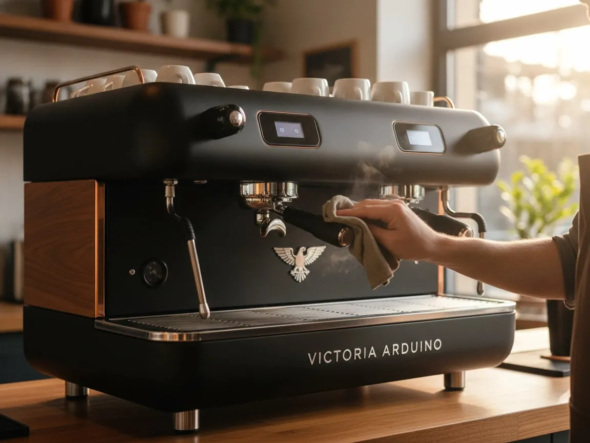 Hand wiping the steam wand of a Victoria Arduino Black Eagle with a cloth