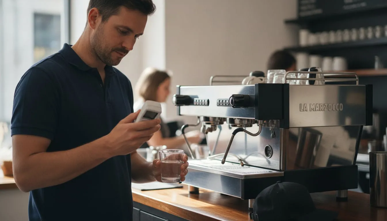 Technician holding a handheld TDS meter and a glass of water at a cafe bar, espresso machine beside him