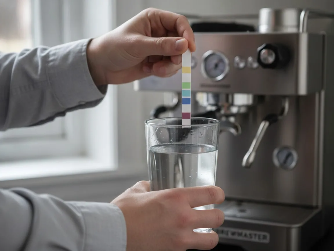 Hands holding a water hardness test strip against a glass of water on a kitchen counter, espresso machine behind