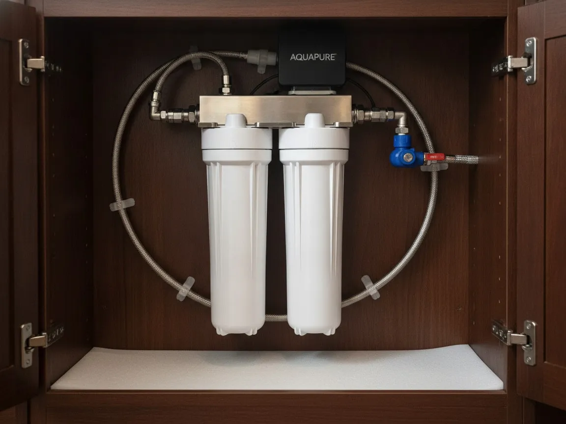 Water filtration system inside a cabinet under a cafe bar: two filter cartridges on a steel head, braided hoses, shut-off valve