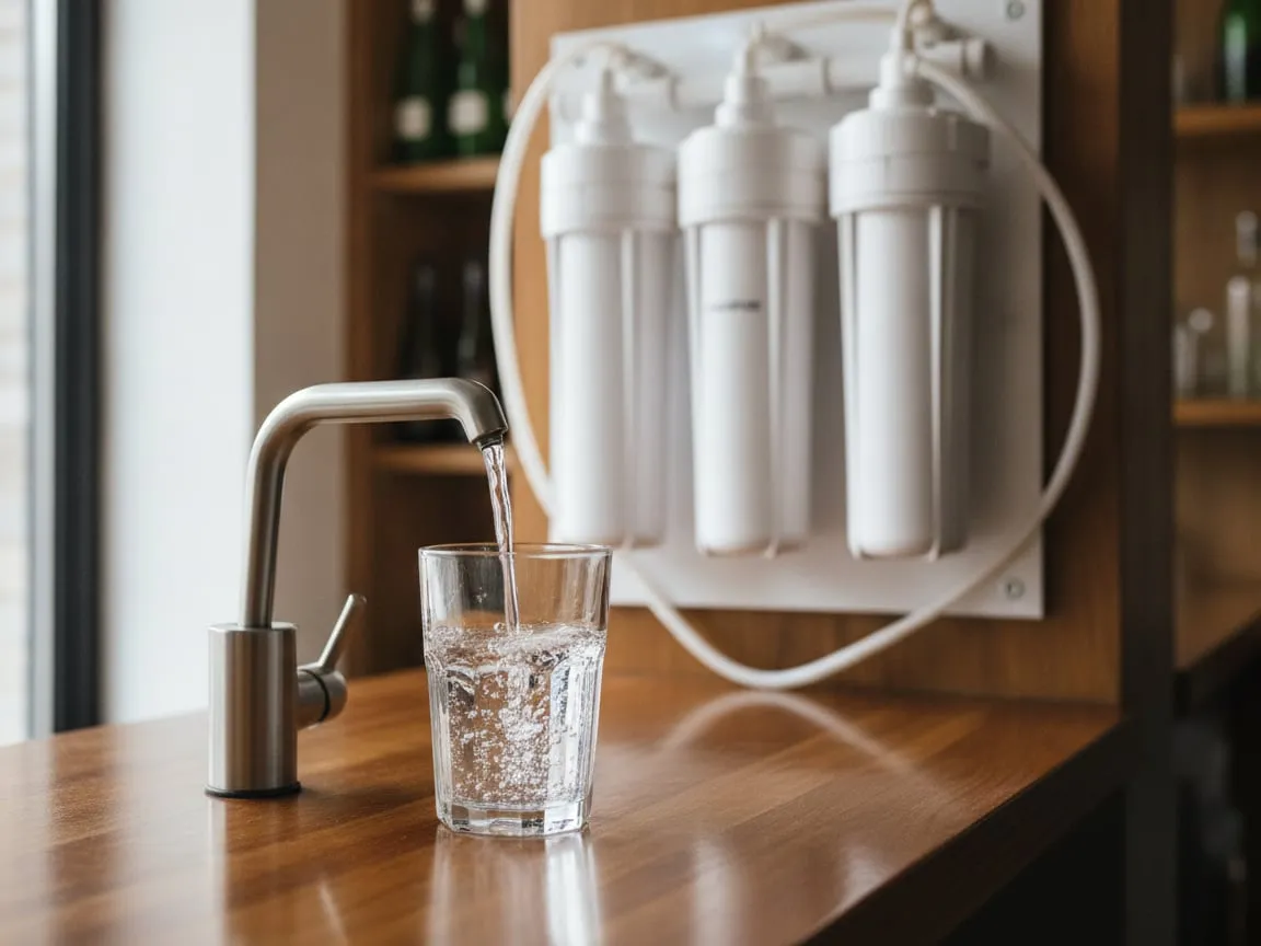Clean water pouring from a small stainless tap into a glass on a bar counter, filter cartridges out of focus behind