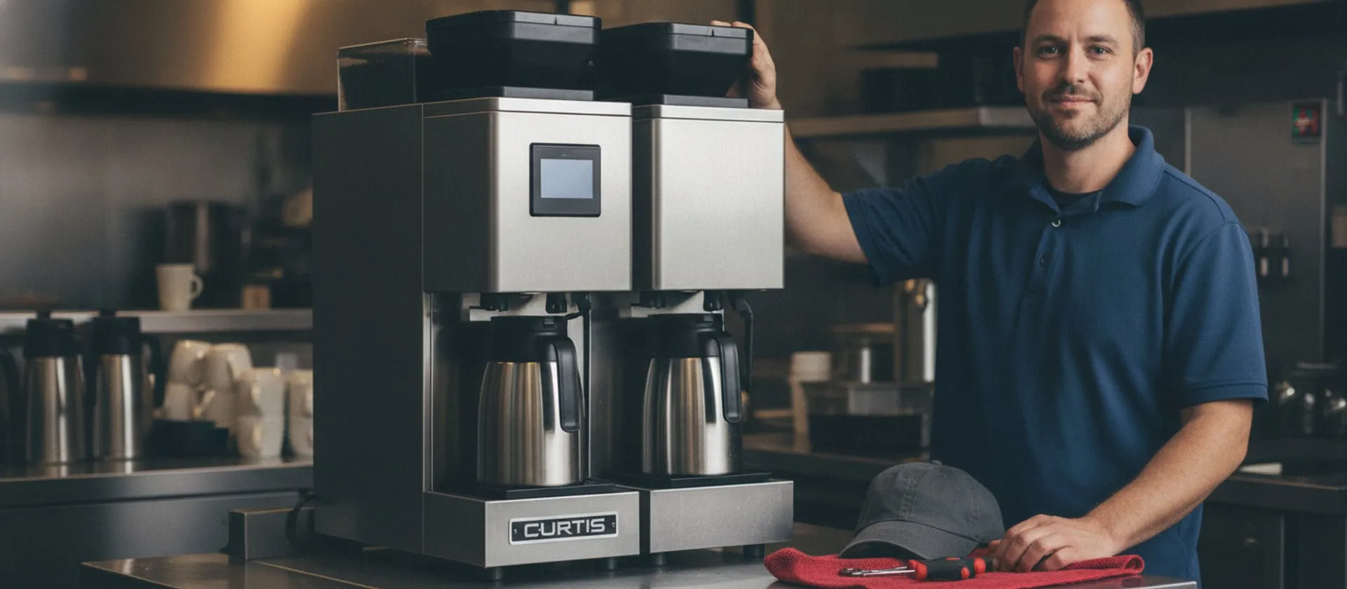 Curtis G4 ThermoPro batch brewer on a restaurant service counter, technician at the brew basket
