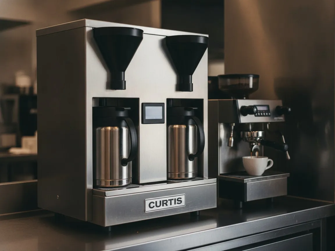 Wilbur Curtis Curtis G4 ThermoPro Twin on a restaurant service counter with a cup under the group, side view, warm low light