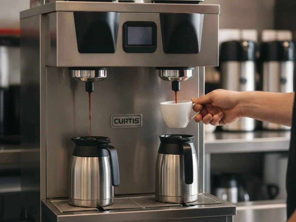 Hand holding a cup under the spout of a Wilbur Curtis Curtis G4 ThermoPro Twin, coffee pouring