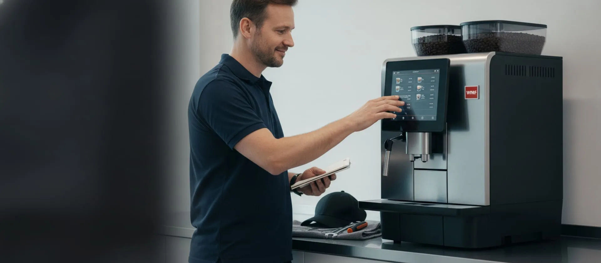 WMF 5000 S+ at an office coffee station, technician at the touchscreen; cap and tools on the counter