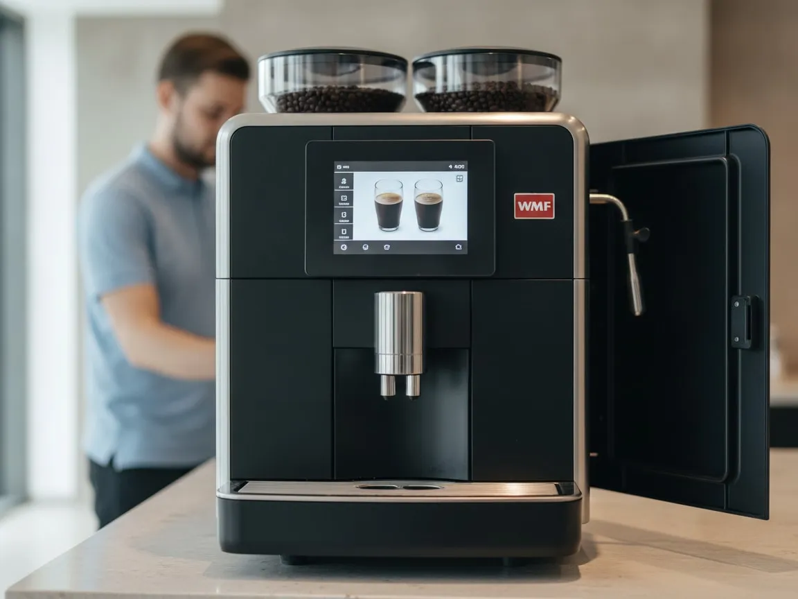 WMF 5000 S+ in sharp focus on a office coffee station; a technician softly out of focus behind it